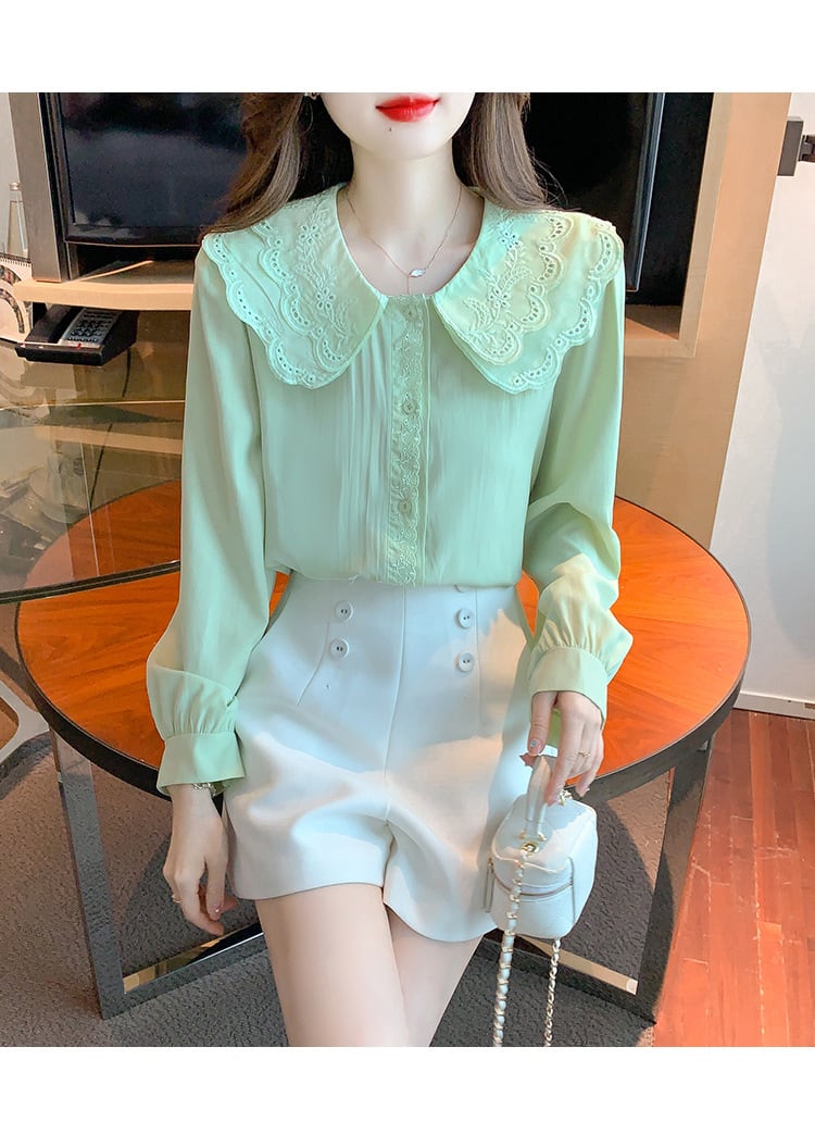 【tops】スウィートドールカラーレース切り替えシャツ　M17418