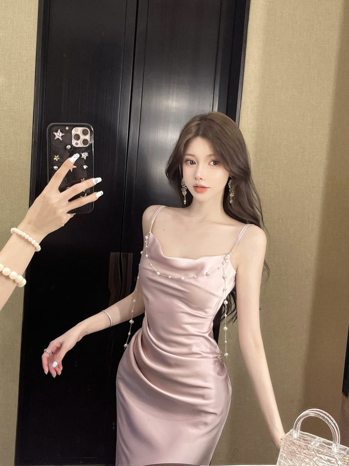 【dress】パール付きロングキャミワンピース Q7994