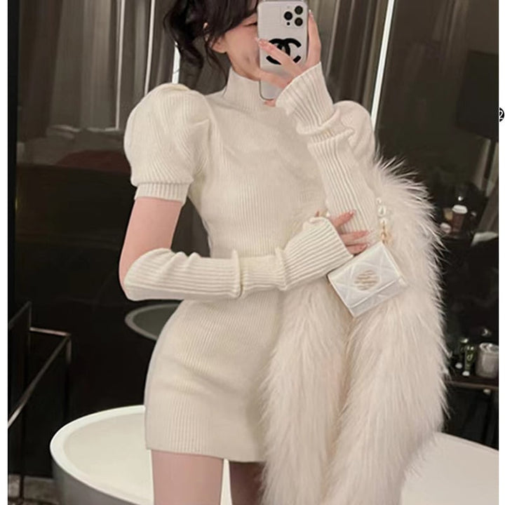 【dress】アームカバー付き無地ニットワンピース　M17718