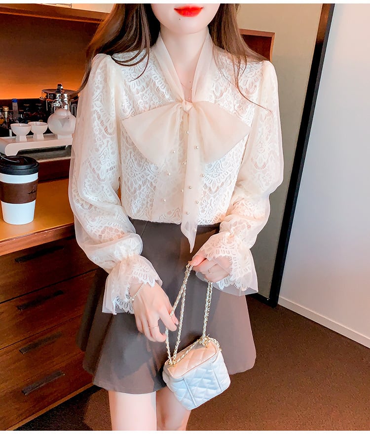 【tops】リボン付きレースシャツトップス　M18251