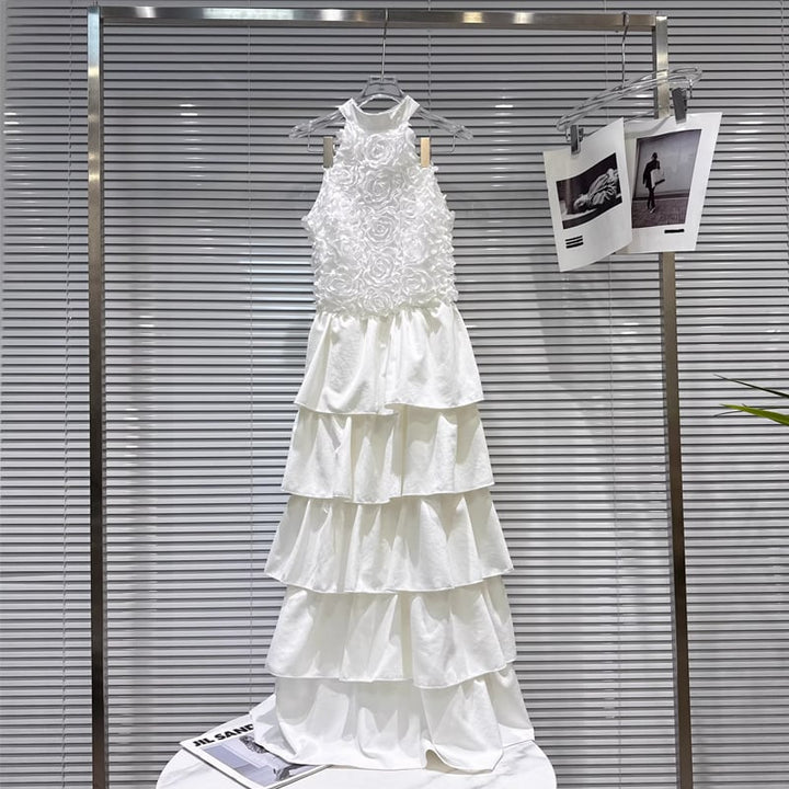 【dress】ホルターネックロングティアードワンピース Q8101