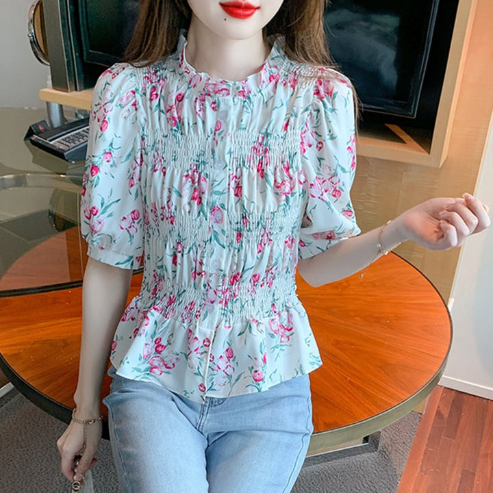 【tops】美人度アップスウィートパフスリーブ花柄トップス　M17339