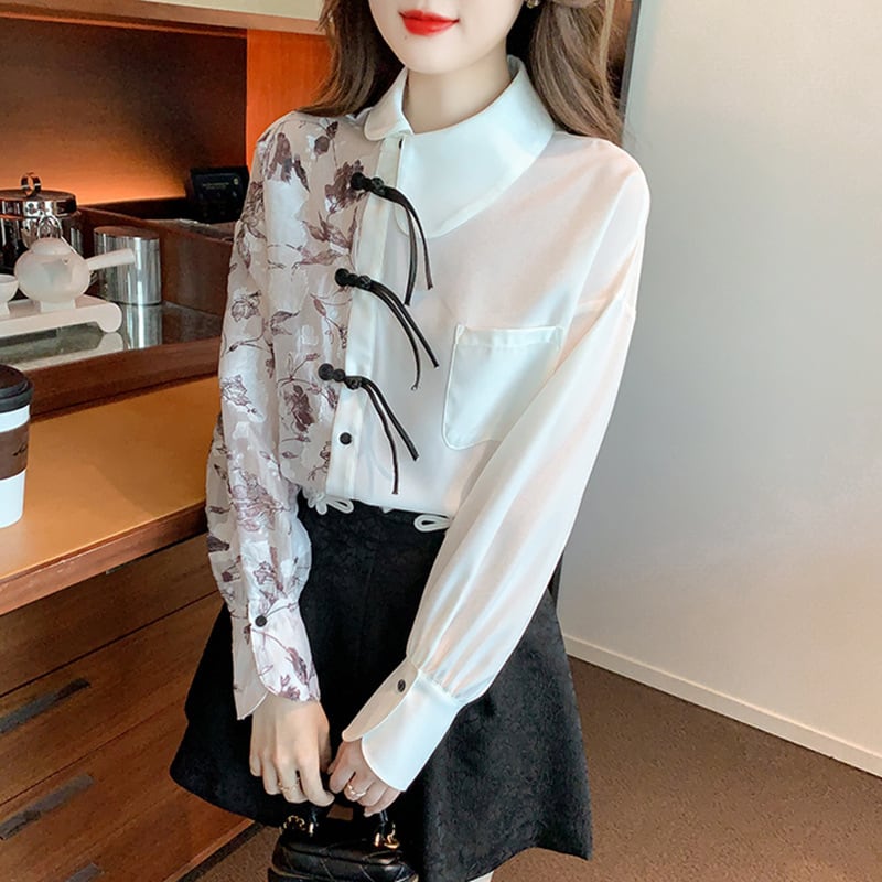 【tops】プリントドッキングシャツトップス　M18287
