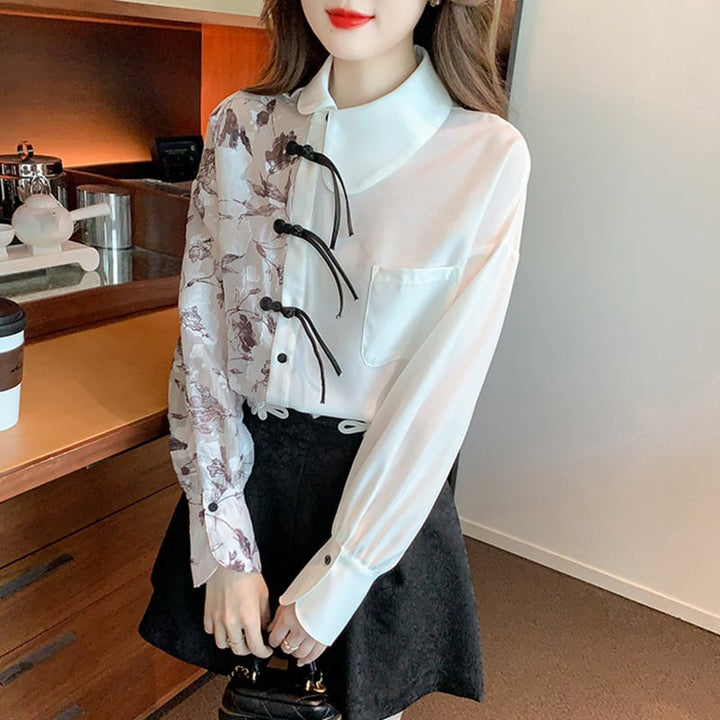 【tops】プリントドッキングシャツトップス　M18287
