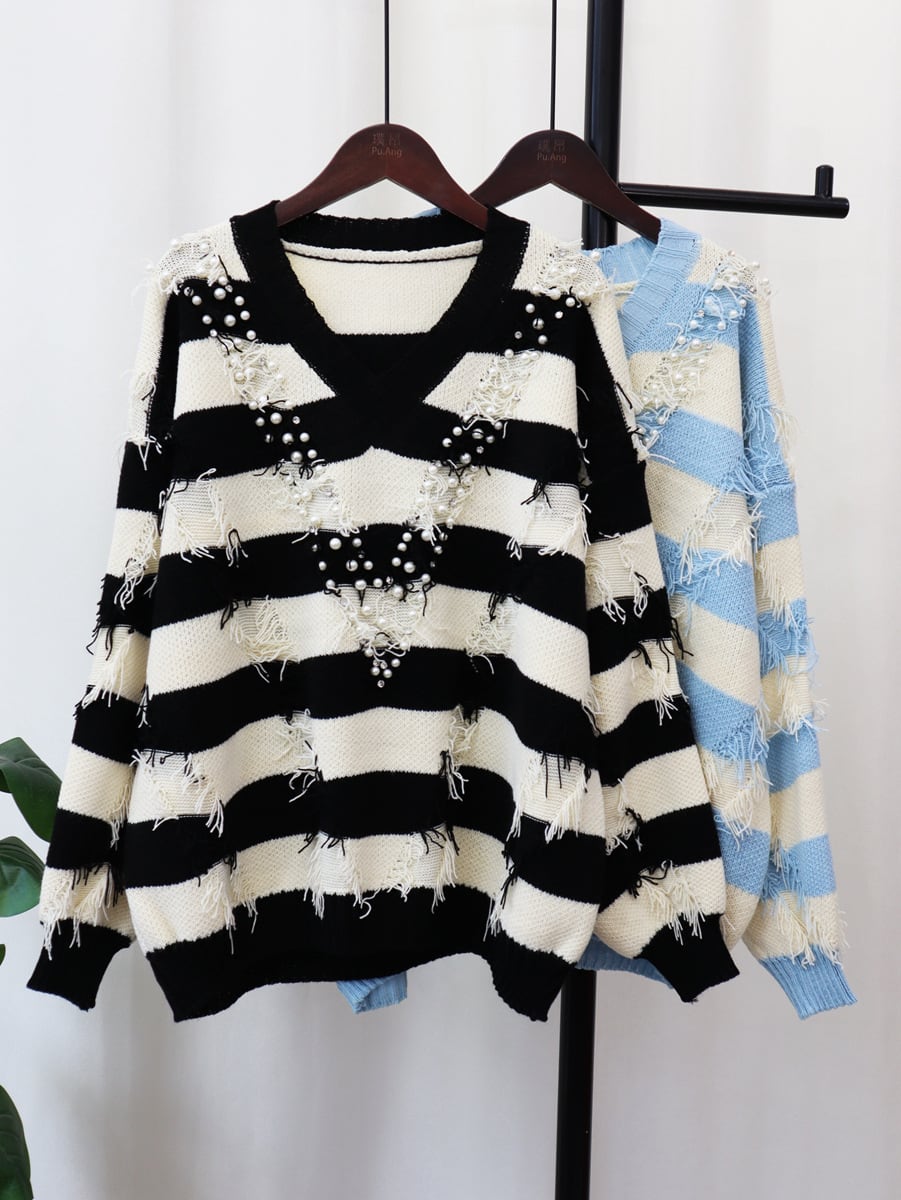 【tops】Vネックボーダー柄ニットセーター　M18064