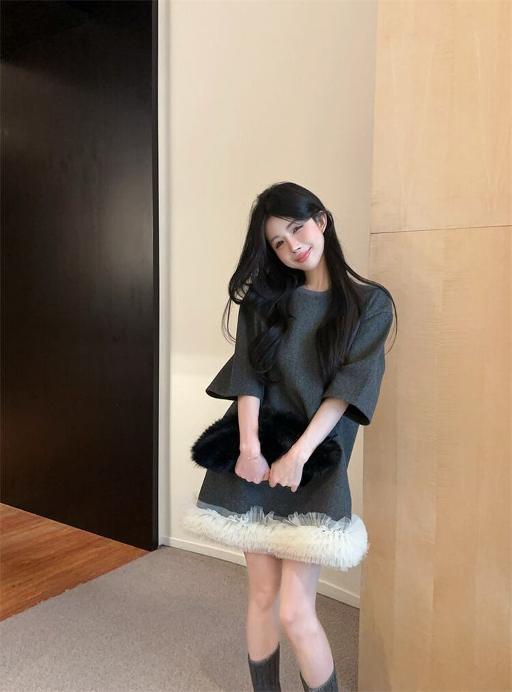 【dress】裹起毛レースドッキングワンピース　M28775