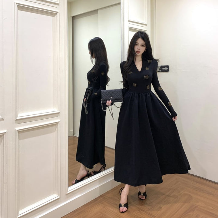 【dress】Ｖネックロングワンピース Q7113