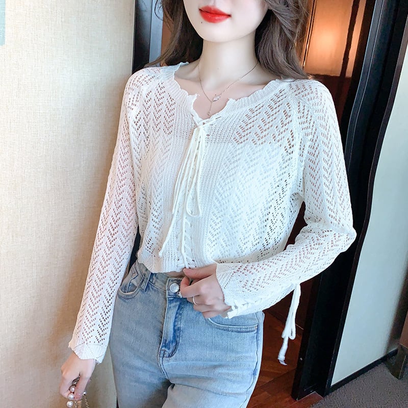 【tops】優しい雰囲気カットワークニットトップスゆったり　M17087