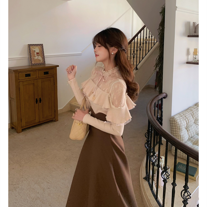 【set】レースフリルニットトップス×ロングスカートセット    N3477