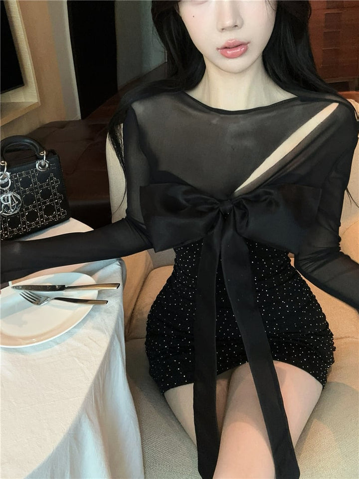 【dress】チュールコンビビジューリボン付きワンピース　M29784
