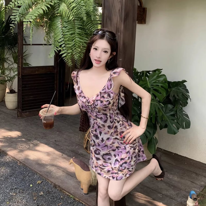 【dress】ヒョウ柄フリルキャミワンピース Q8449