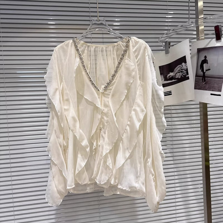 【tops】Vネックフレアシフォンシャツ Q8105