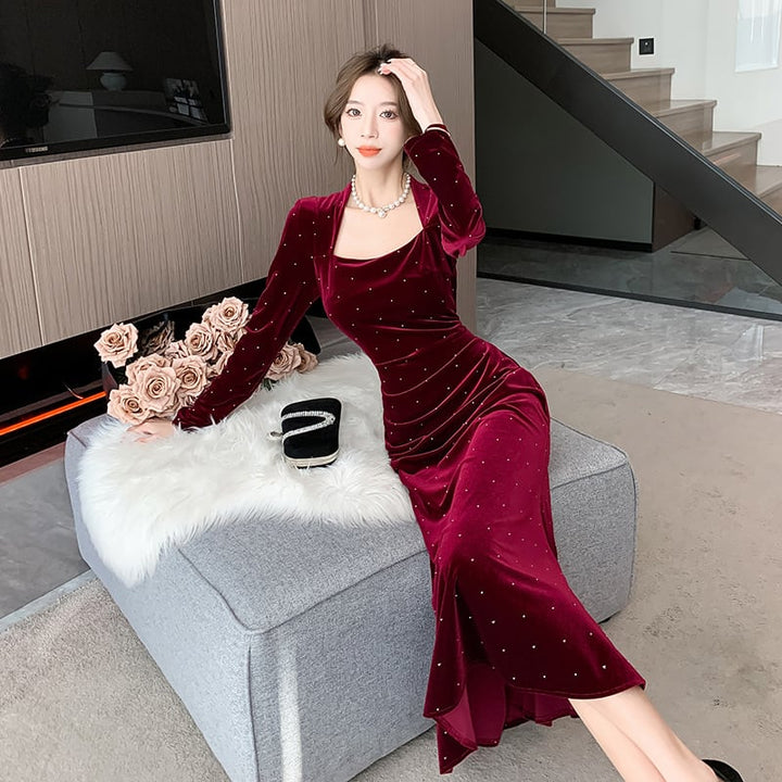 【dress】ラインストーン付きマーメイドワンピース Q6905