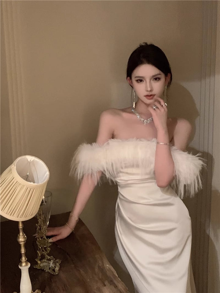 【dress】ファー付きオフショルダーワンピース Q7632