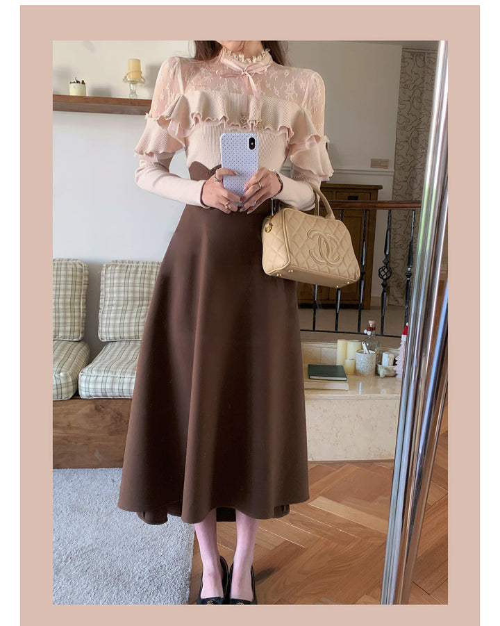 【set】レースフリルニットトップス×ロングスカートセット    N3477