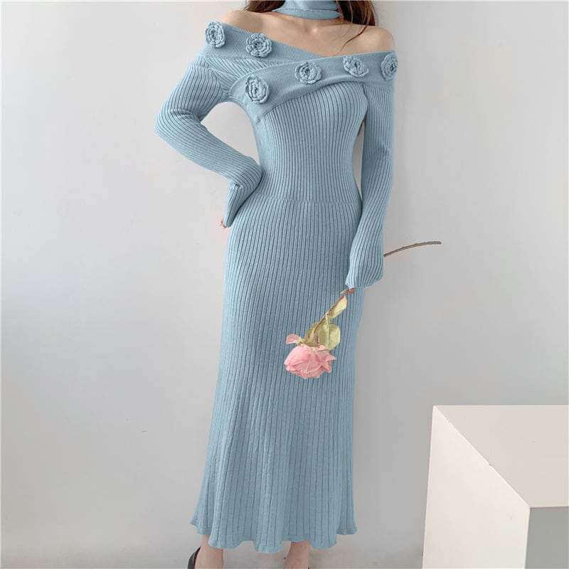 【dress】ボートネックニットワンピース　M18127