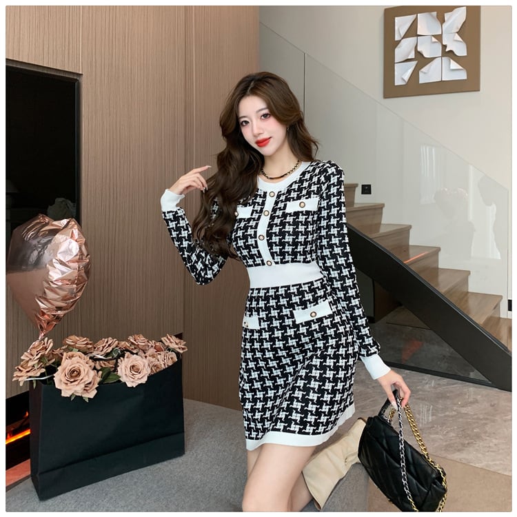 【dress】千鳥格子ニットワンピース　M17627