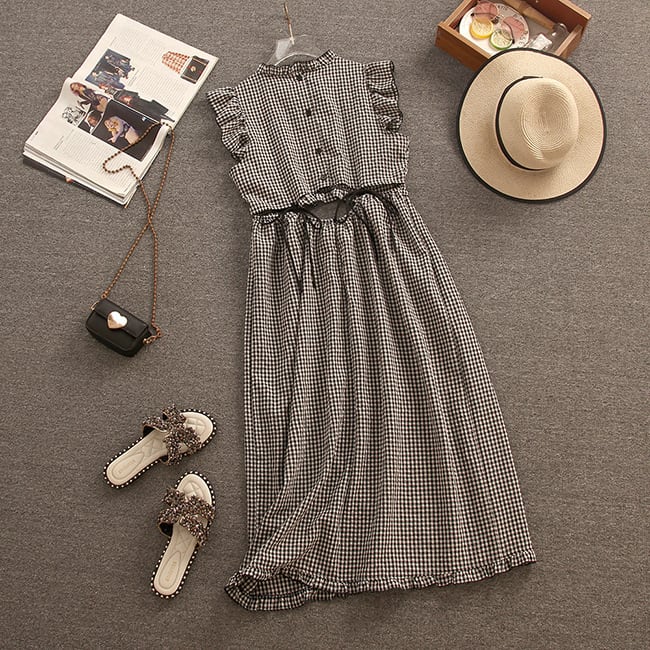 【dress】カットワークノースリーブチェック柄ワンピース　M16755
