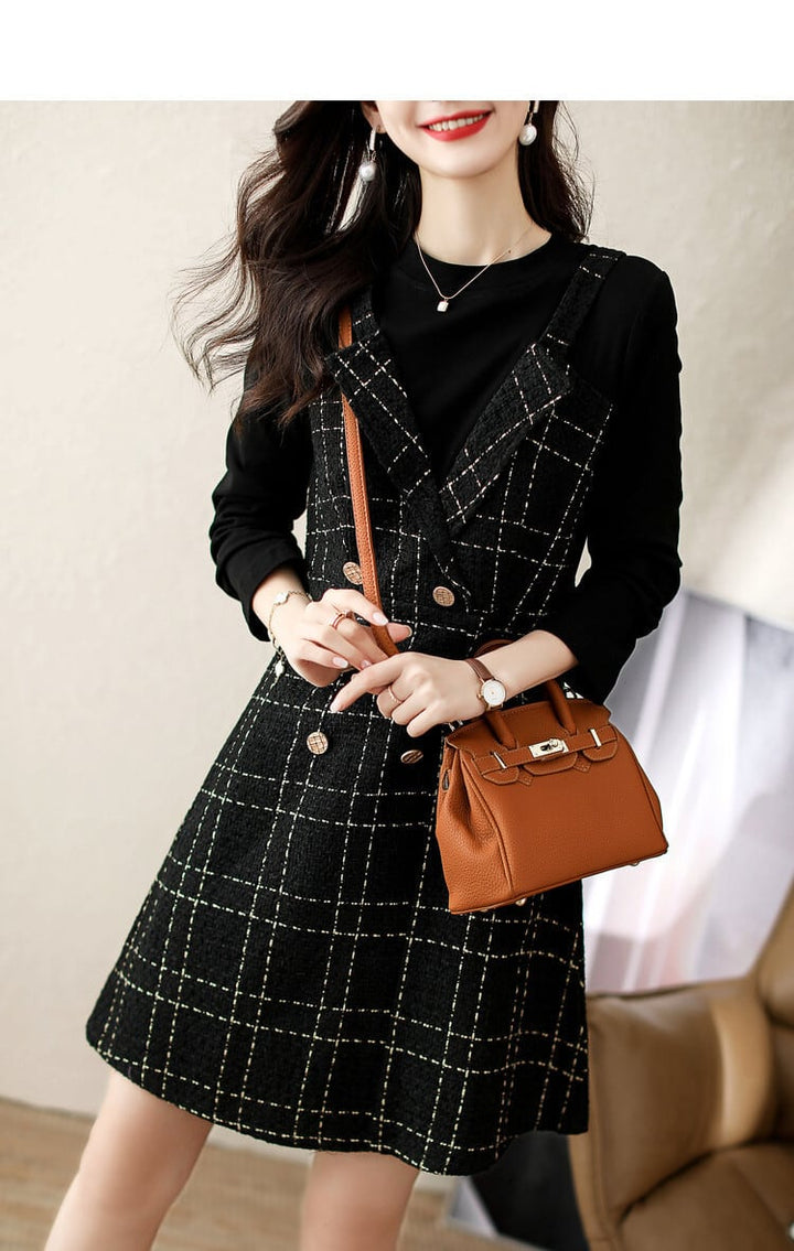 【dress】切り替えボタンデザインチェック柄ワンピース　M17688