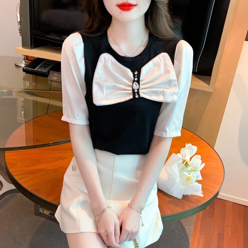 【tops】知的で品の良い♡エレガントリボン付きTシャツ　M16838