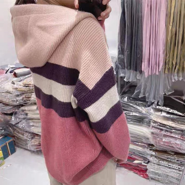 【outer】ファスナー配色フード付きニットカーデ　M18099