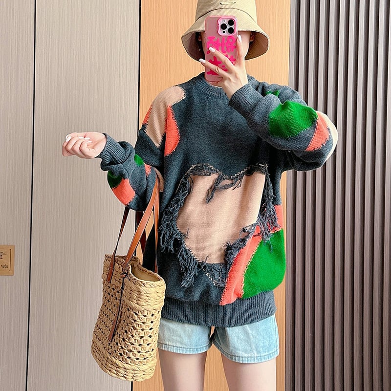 【tops】クルーネック切り替えニットセーター　M18105