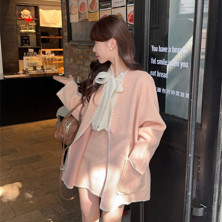 【set】シャツトップス×Vネックコート×スカートセット　M27616