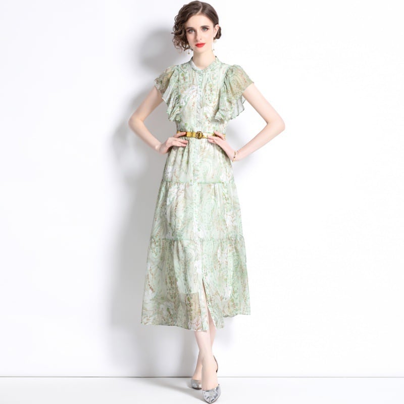 【dress】女性力を高める～フリルプリントワンピース　M16944