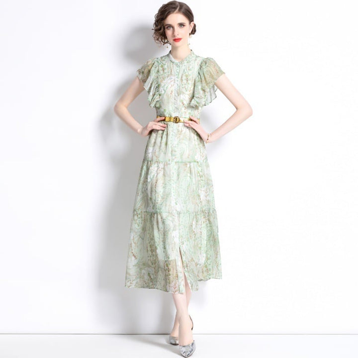 【dress】女性力を高める～フリルプリントワンピース　M16944