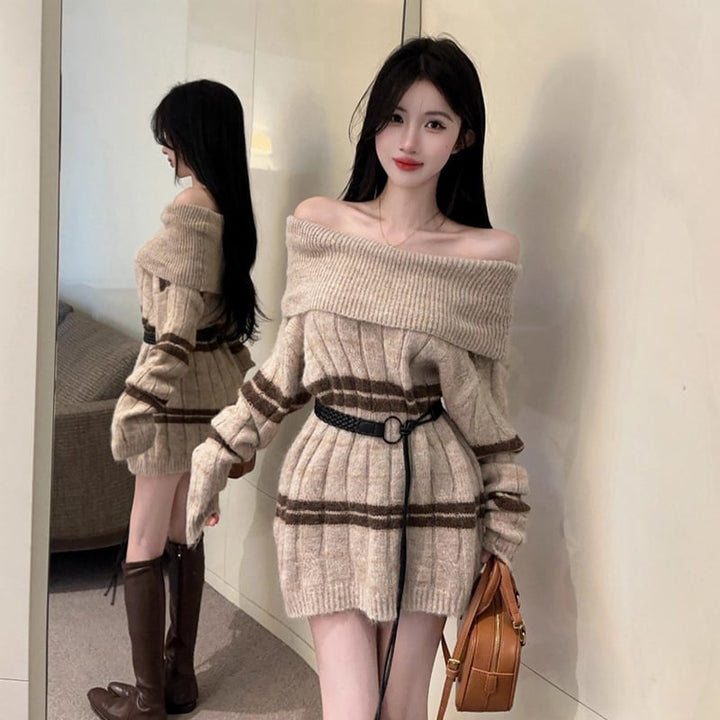 【dress】オフショルダーニットワンピース Q7110