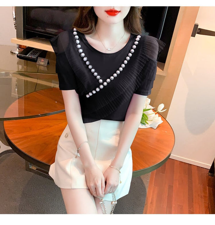 【tops】好感度UP 切り替えオフショルダーTシャツトップス　M16841