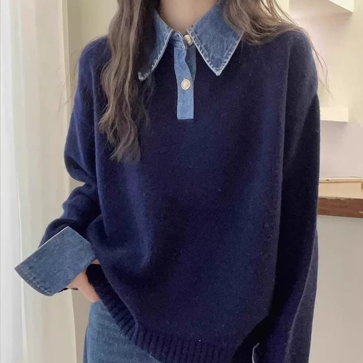 【tops】デニムドッキングニットトップス Q7216