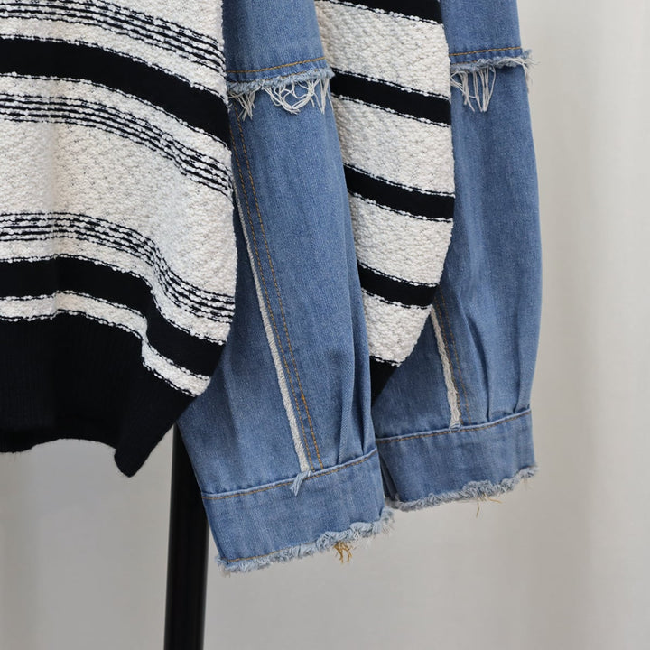 【outer】ボーダー柄ドッキングニットカーデ　M18291