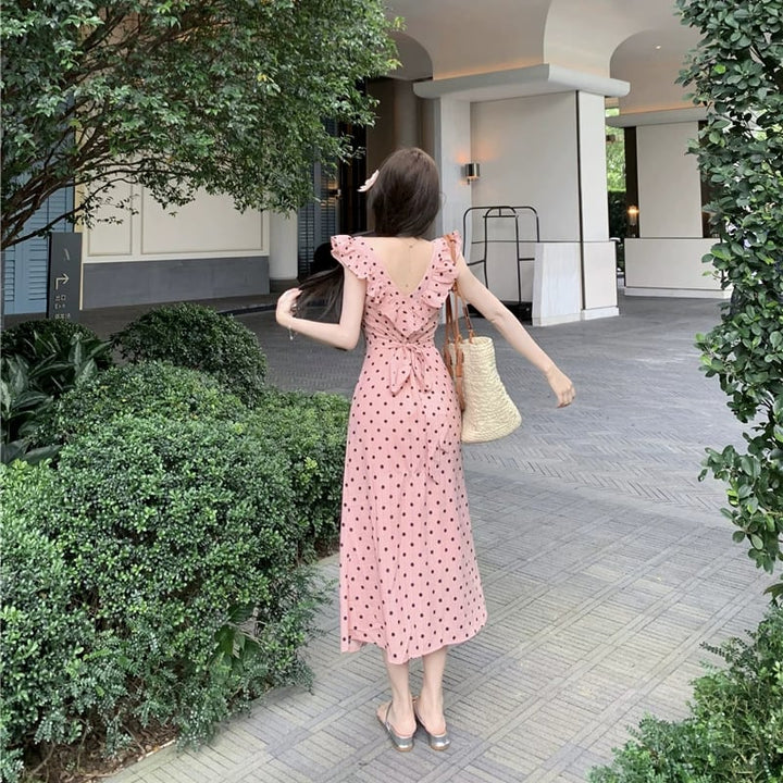 【dress】ギャザーフリルドット柄ロングワンピース Q8509