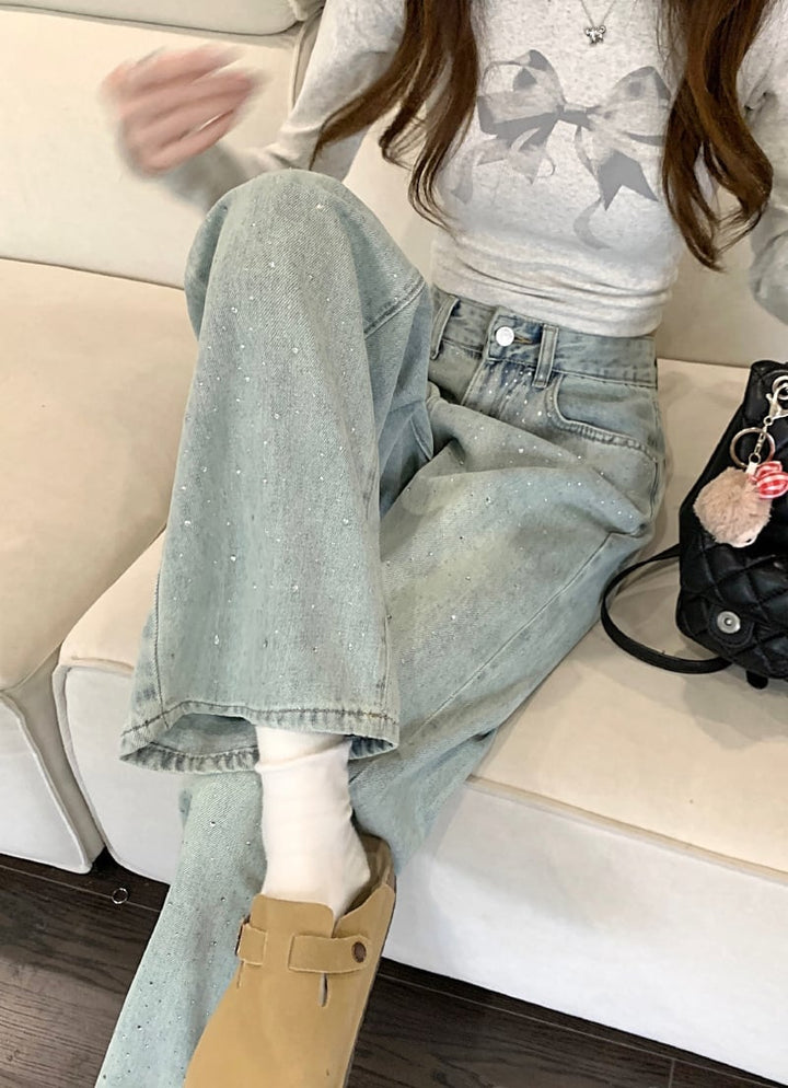 【bottoms】ビジューデニムワイドパンツ　M29790