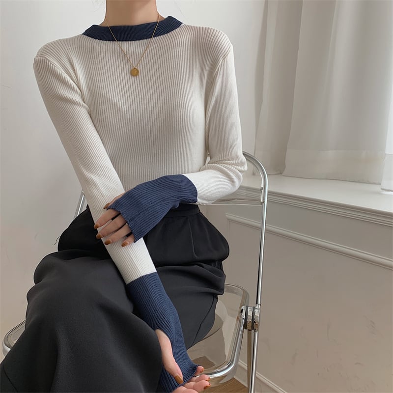 【tops】配色ニットトップス　M26540