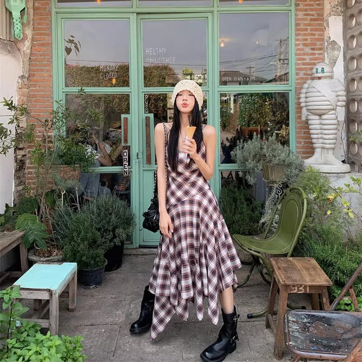 【dress】チェック柄イレヘムキャミワンピース Q8271