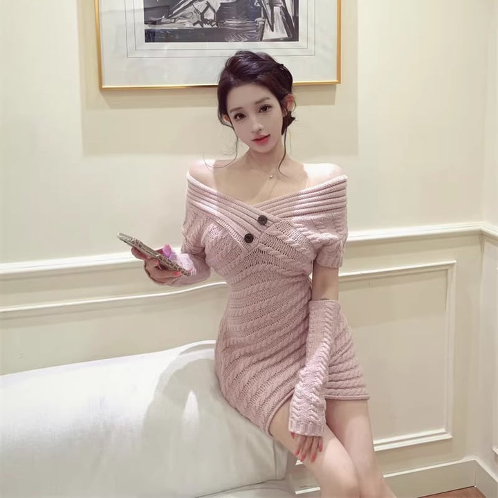 【dress】アームウォーマ付きクロスネックニットワンピース Q7850