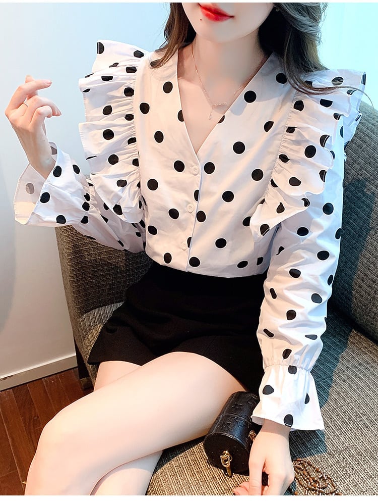 【tops】今季マストバイVネックドット柄シャツトップス　M17151