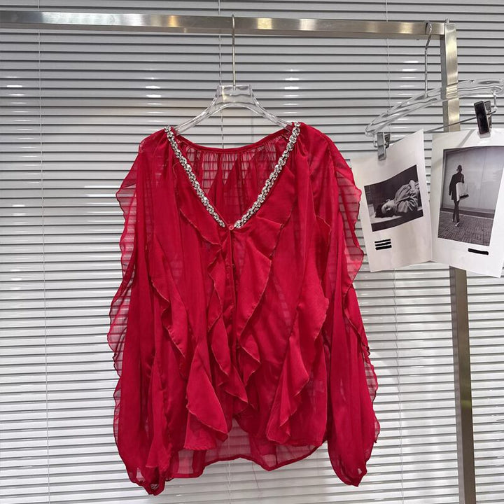 【tops】Vネックフレアシフォンシャツ Q8105