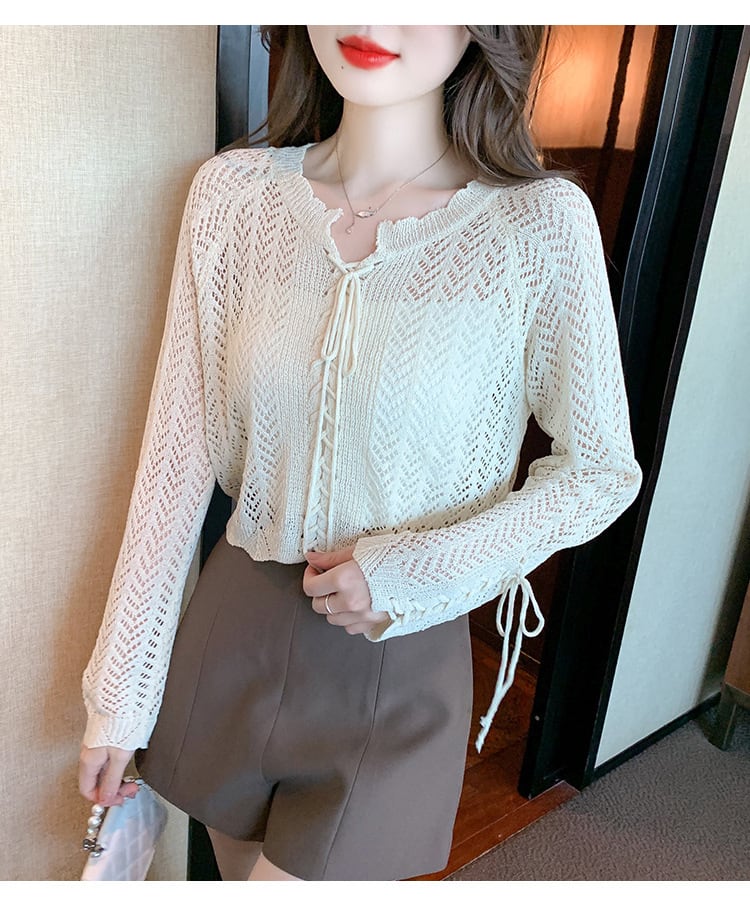 【tops】優しい雰囲気カットワークニットトップスゆったり　M17087