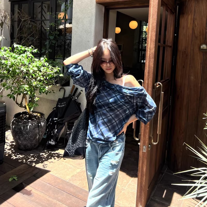 【tops】チェック柄シフォントップス Q8210