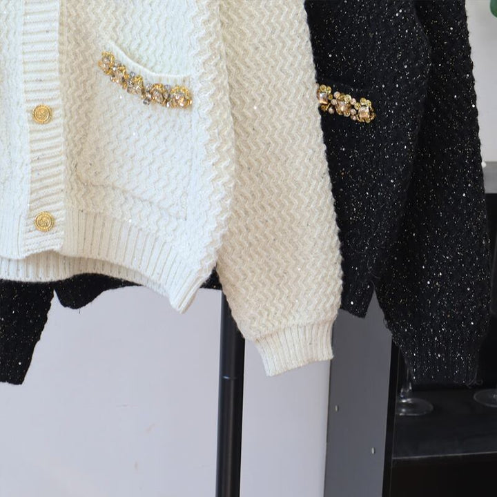【outer】ラメ入りラインストーン付きニットカーディガン Q7326