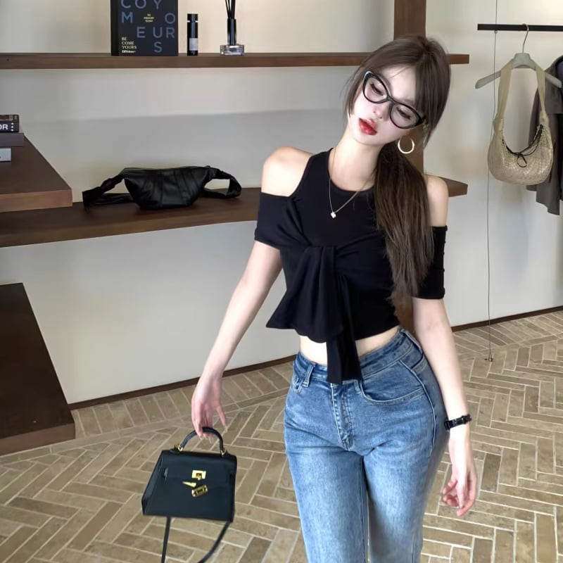 【tops】オープンショルダーフェイクレイヤードトップス Q8296