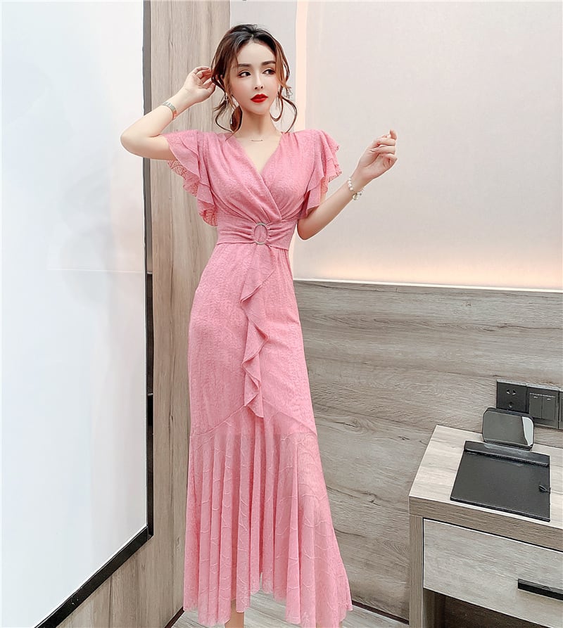 【dress】美人度アップVネックマーメイドワンピース　M17020