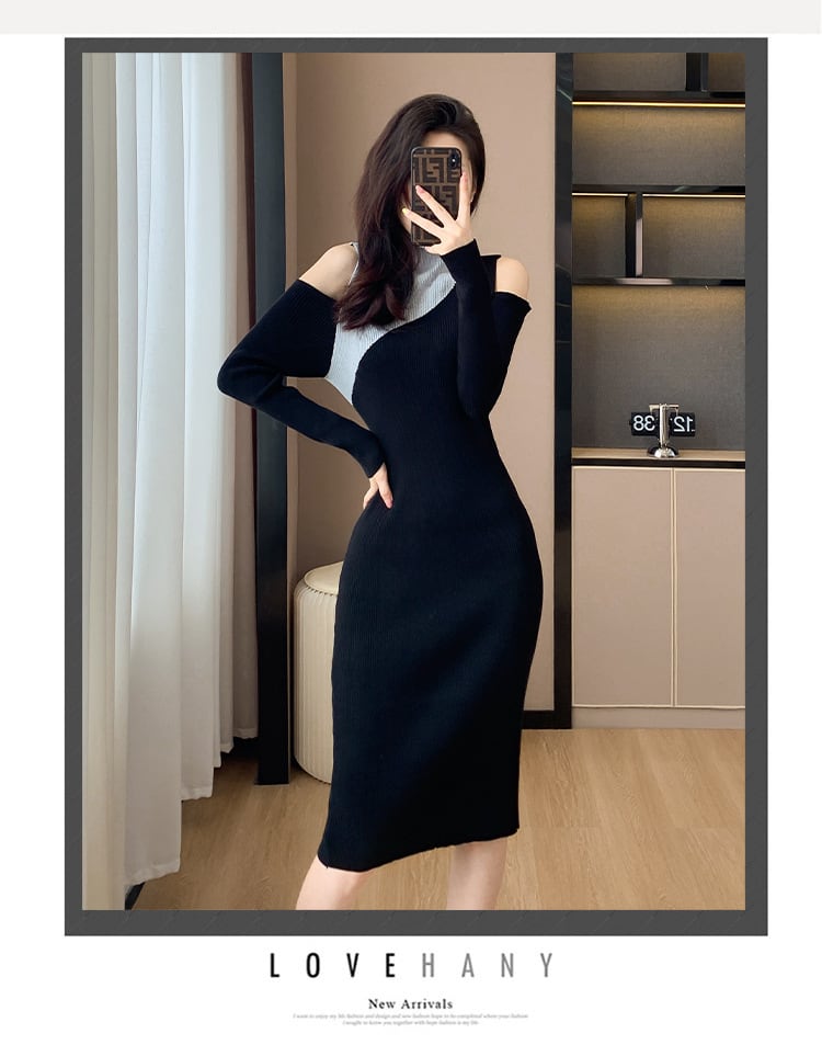 【dress】韓国系オフショルダーニットワンピース　M17599