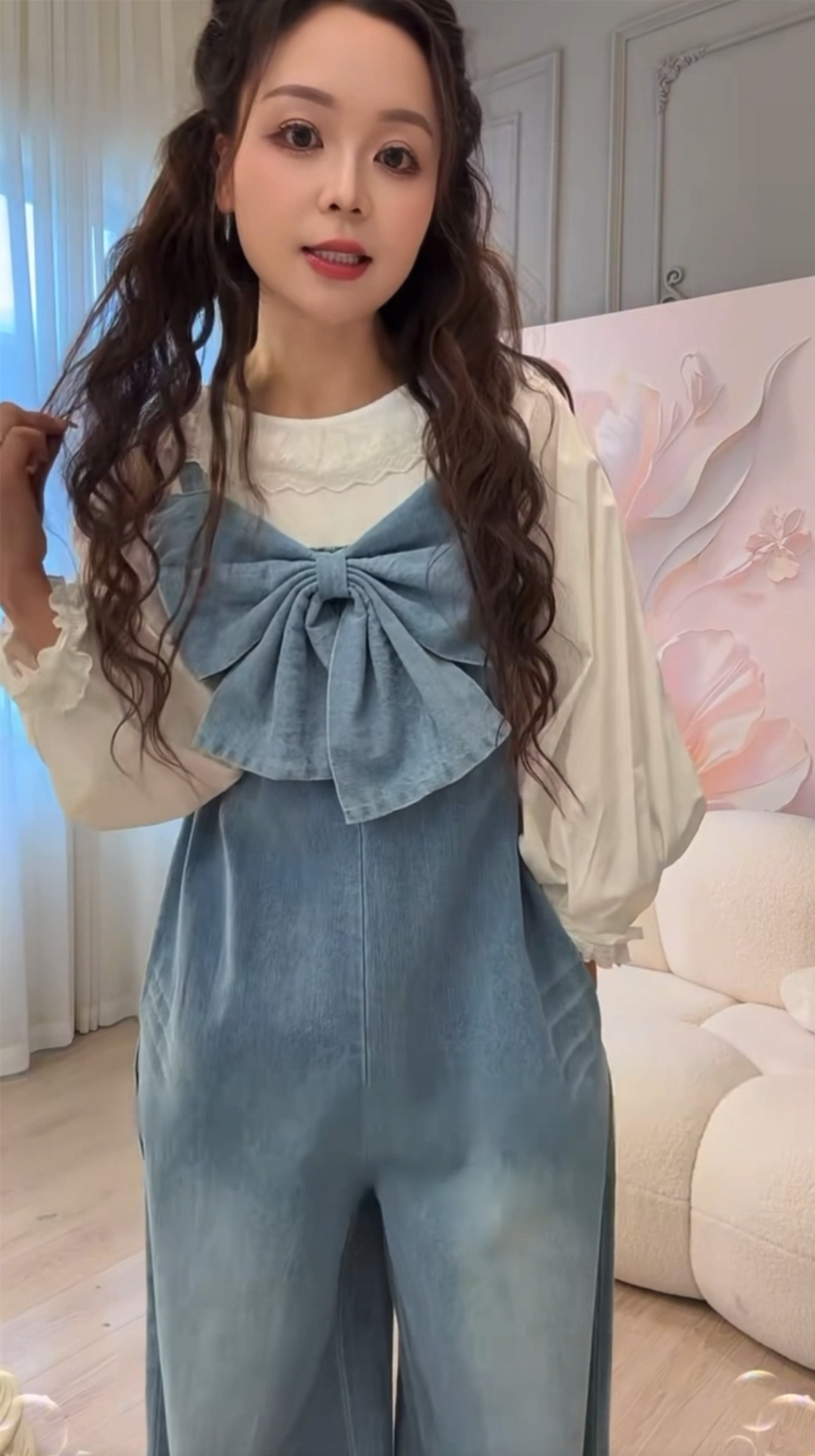 【bottoms】リボン付きデニムサロペット　N2979