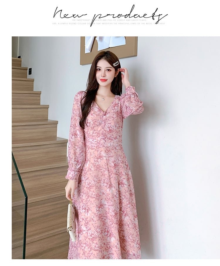 【dress】細身効果抜群♪Vネックスウィート花柄ワンピース　M17257