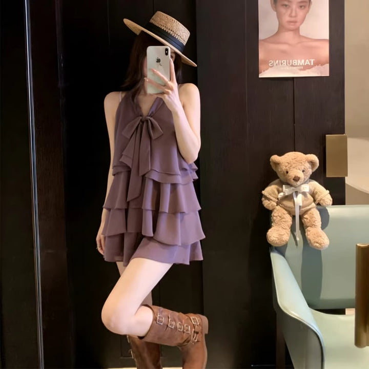 【set】ノースリーブギャザーフリルトップス×ショートパンツセット Q8370