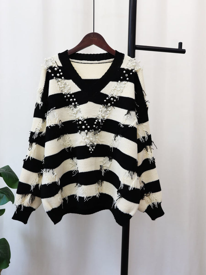 【tops】Vネックボーダー柄ニットセーター　M18064